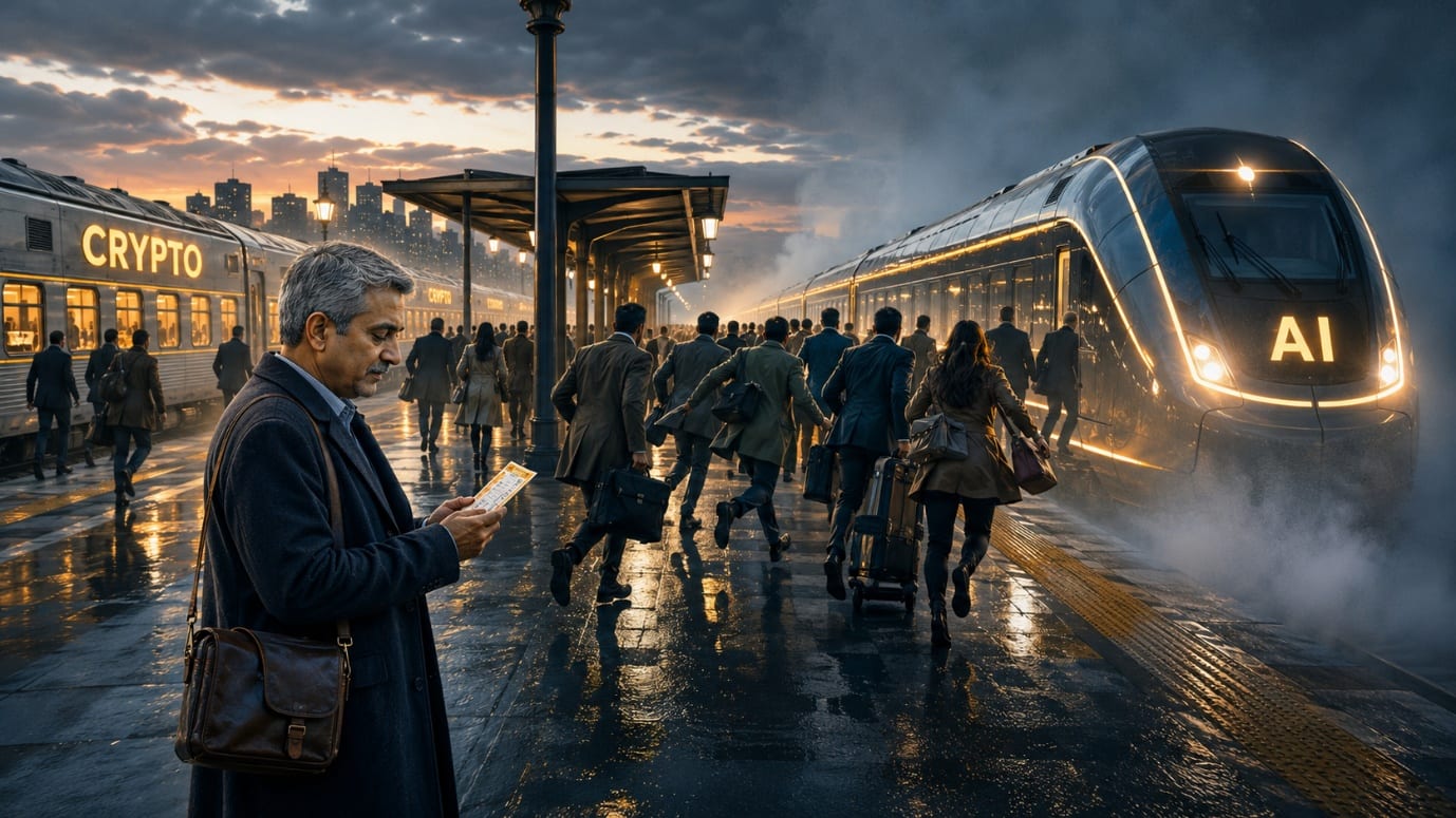 A rain-soaked station platform: a dim 'CRYPTO' train on one side, commuters rushing toward a bright 'AI' train on the other, one man pausing to read his ticket.
