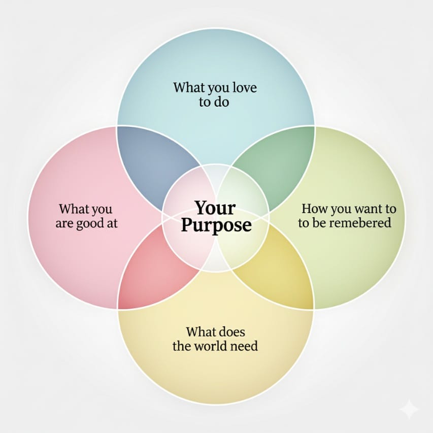 Four overlapping circles — what you love, what you are good at, how you want to be remembered, and what the world needs — meeting at 'Your Purpose'.