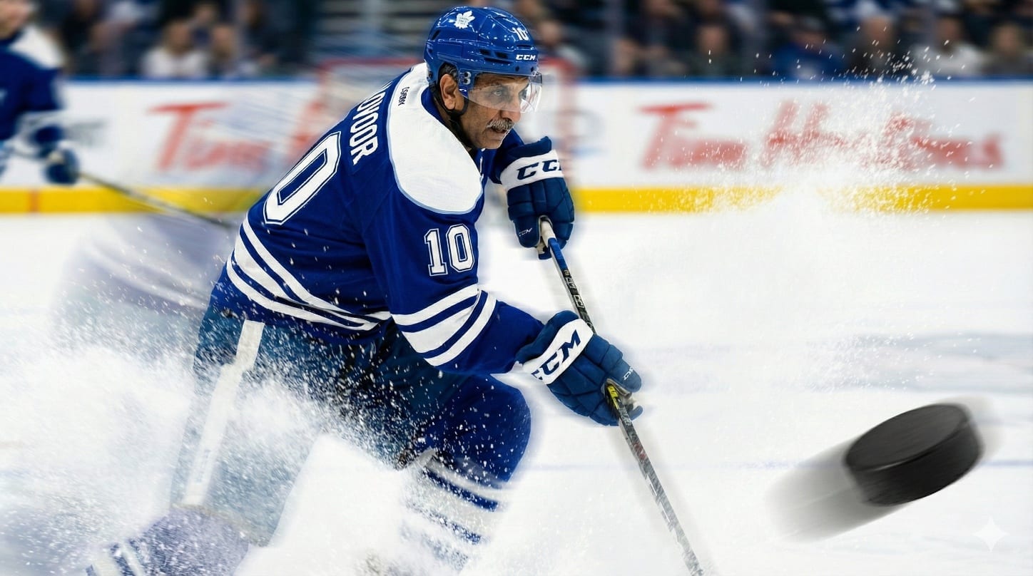 An ice-hockey player in a number 10 jersey skating hard after the puck.
