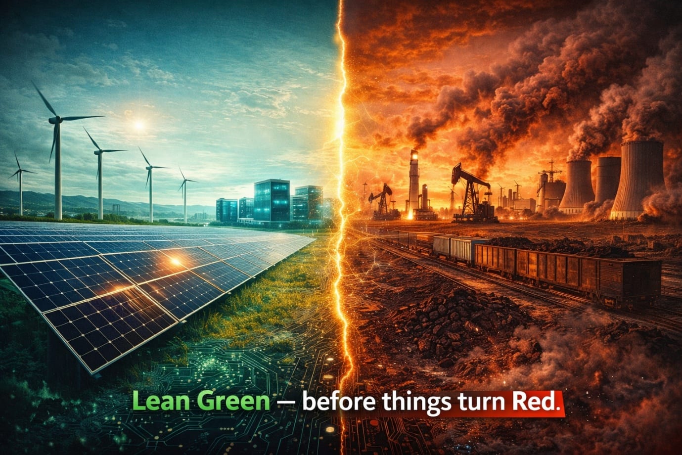 A split landscape: solar panels and wind turbines under a clear sky on the left, smoke-belching fossil-fuel plants under a burning red sky on the right.