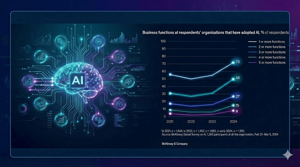 A glowing 'AI' brain wired into a dashboard, beside a McKinsey chart showing AI adoption by number of business functions from 2021 to 2024.